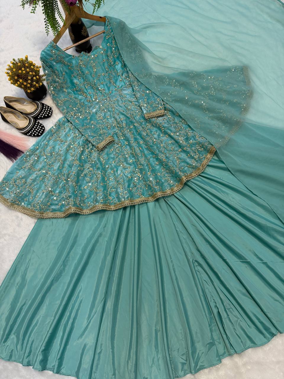 Designer Fancy Silk 5mm Sequin Embroidered Kediyu Top & Lehenga with Faux Georgette Dupatta