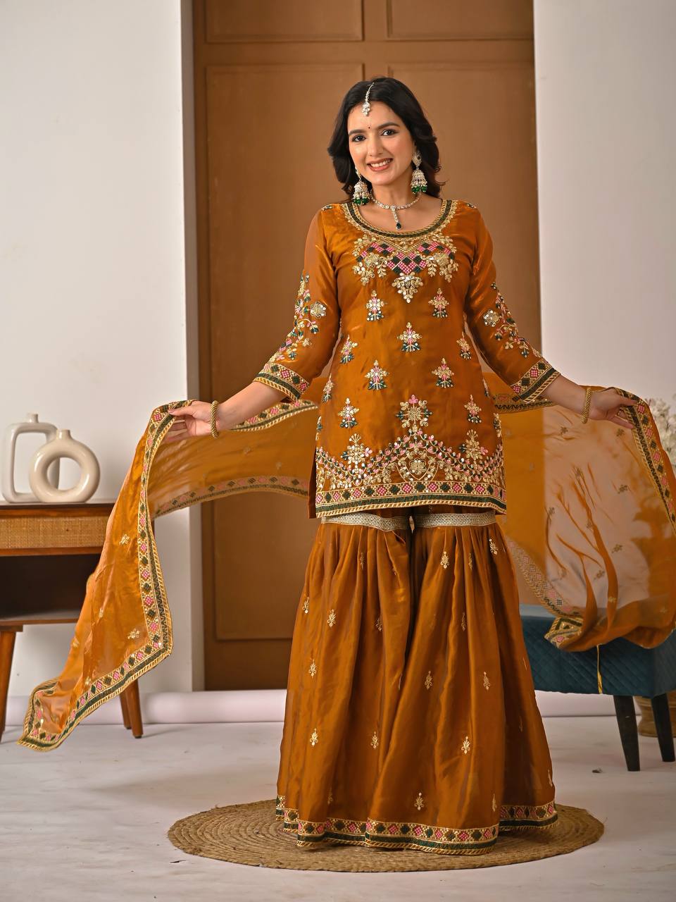 Designer Party Wear Top, Sharara Palazzo & Dupatta in Heavy Fandy Silk with Sequence Embroidery