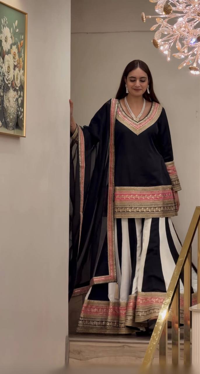 Designer Party Wear Natural Crep Silk Embroidered Top with Sharara Palazzo and Dupatta