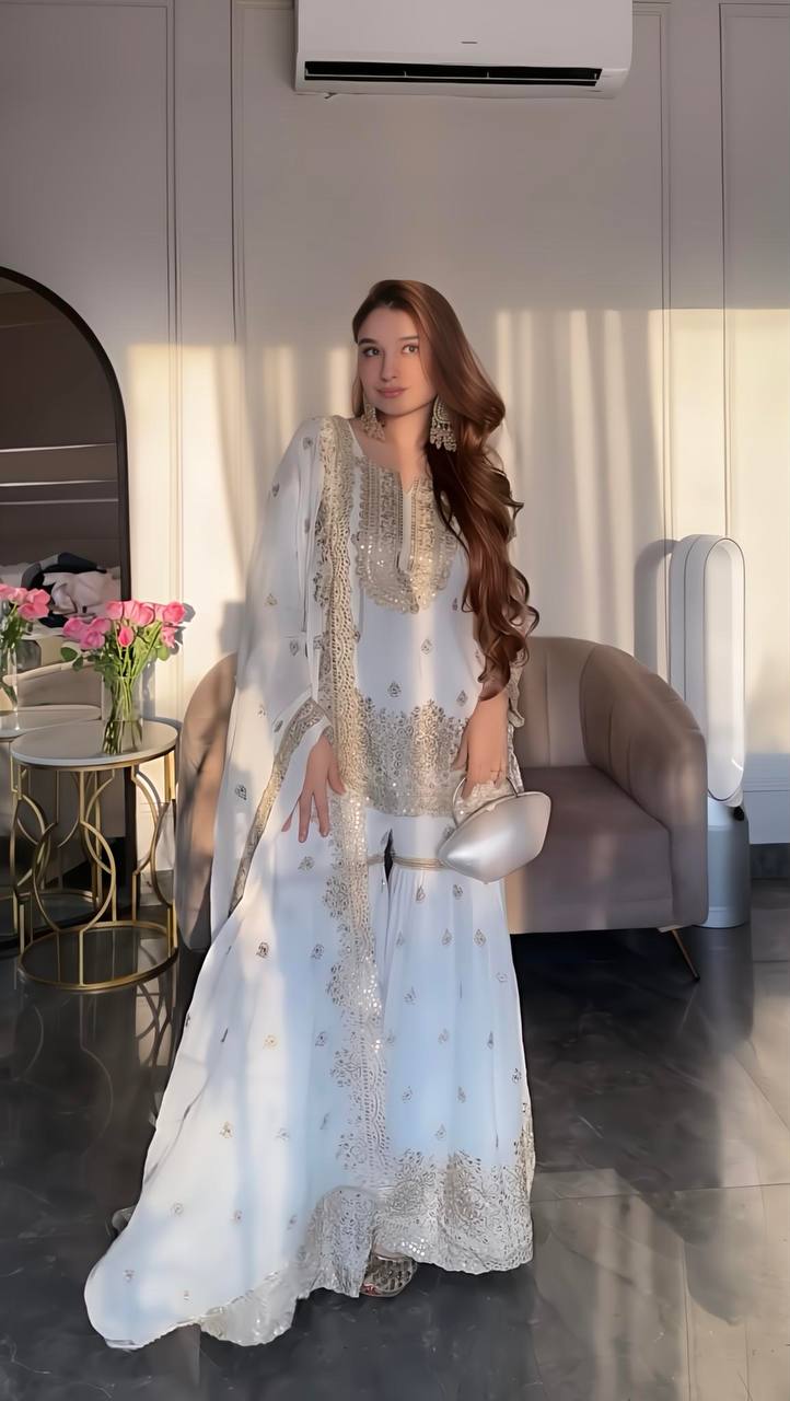 White & Gold Chinon Silk Sharara Palazzo Dupatta Set — Festive Wear