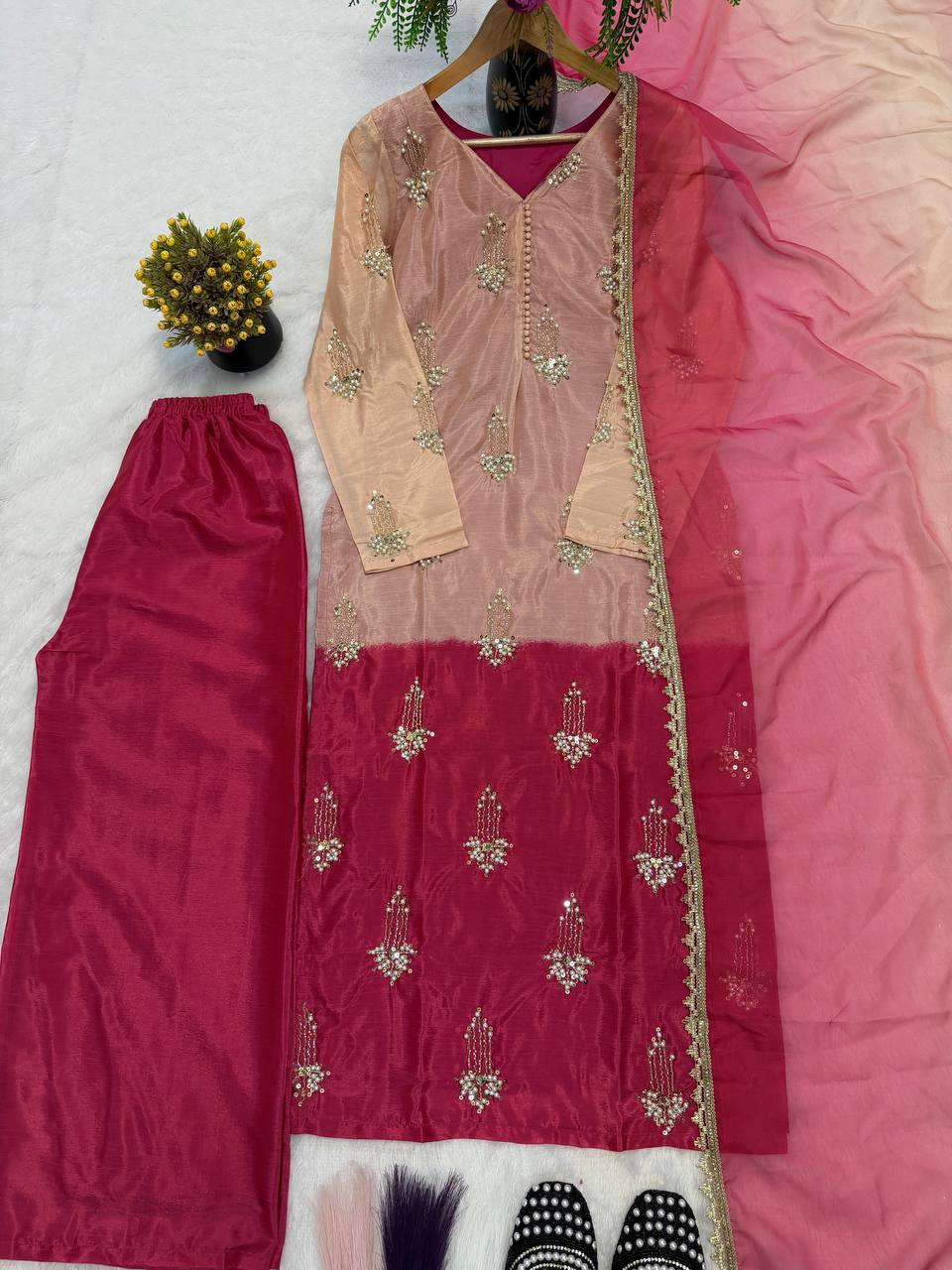 Designer Heavy Chinon Silk Real Bead & Moti Hand Work Sequin Top Palazzo & Chiffon Dupatta Set
