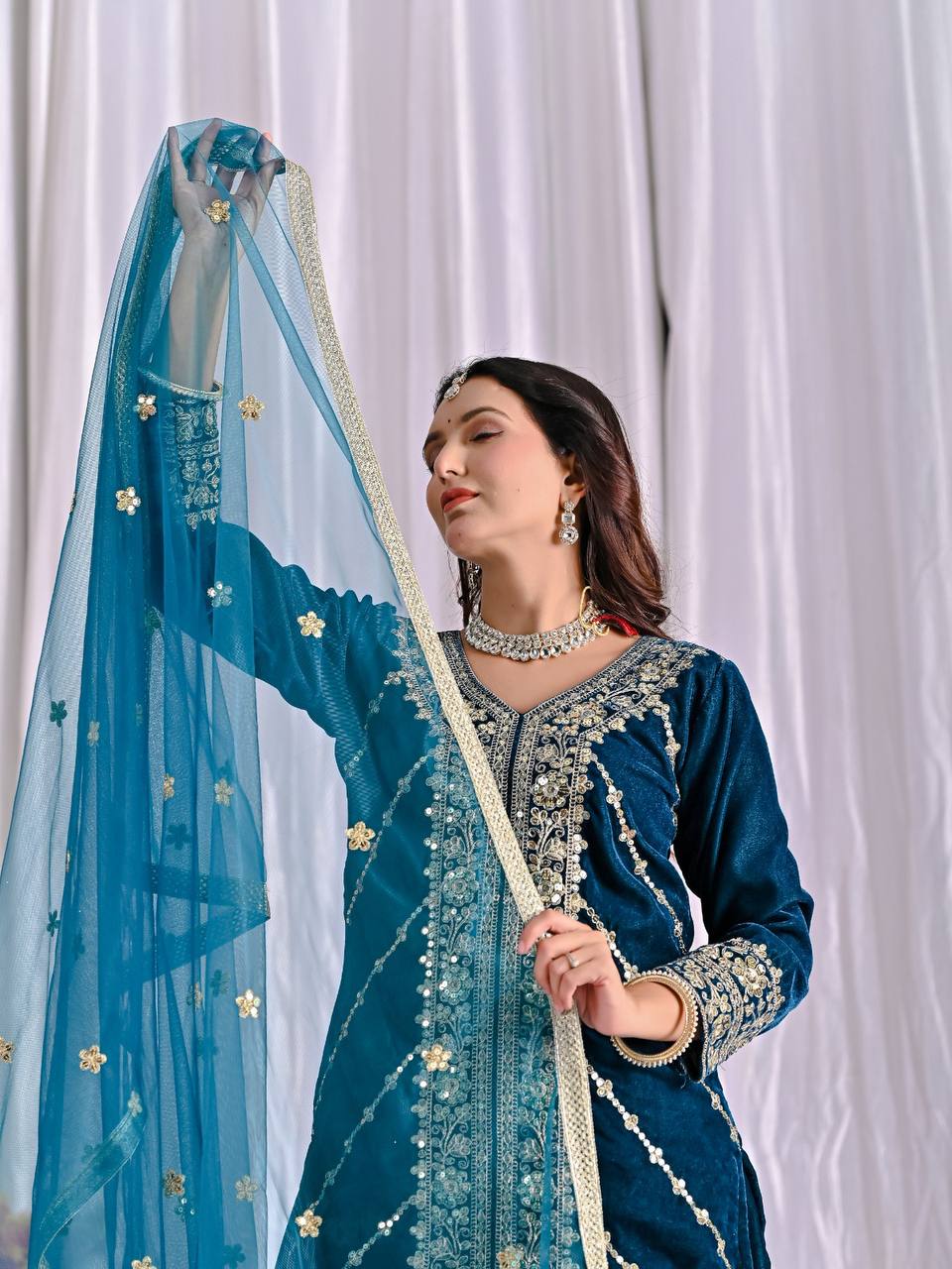 Designer Party Wear Top, Sharara Palazzo & Dupatta in Pure Heavy Viscous Velvet with Multi Needle Sequence