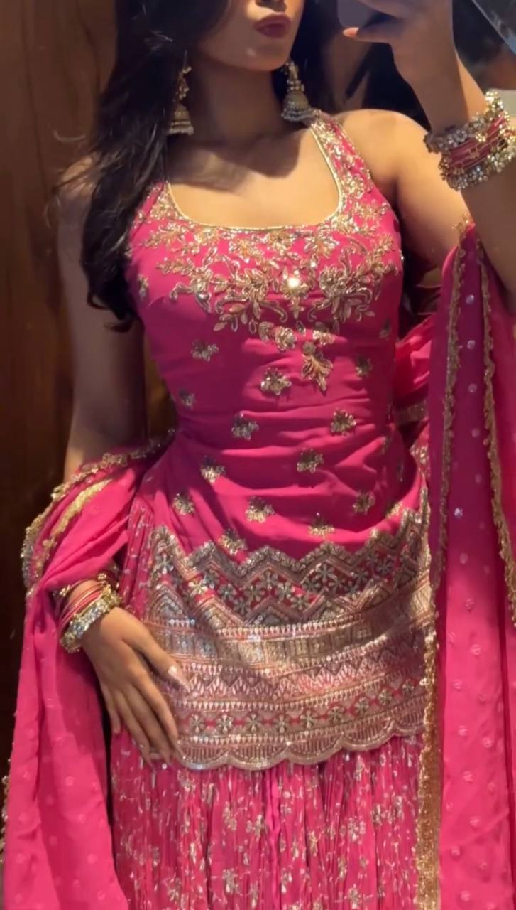 Designer Party Wear Chinon Silk Sequin Top with Lehenga and Dupatta