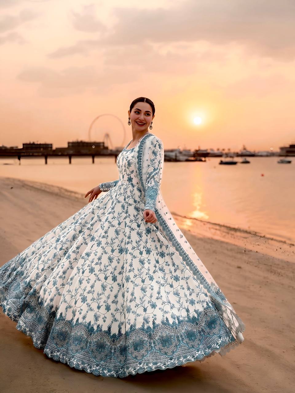 White Georgette & Organza Silk Embroidered Gown — Wedding & Festive Wear