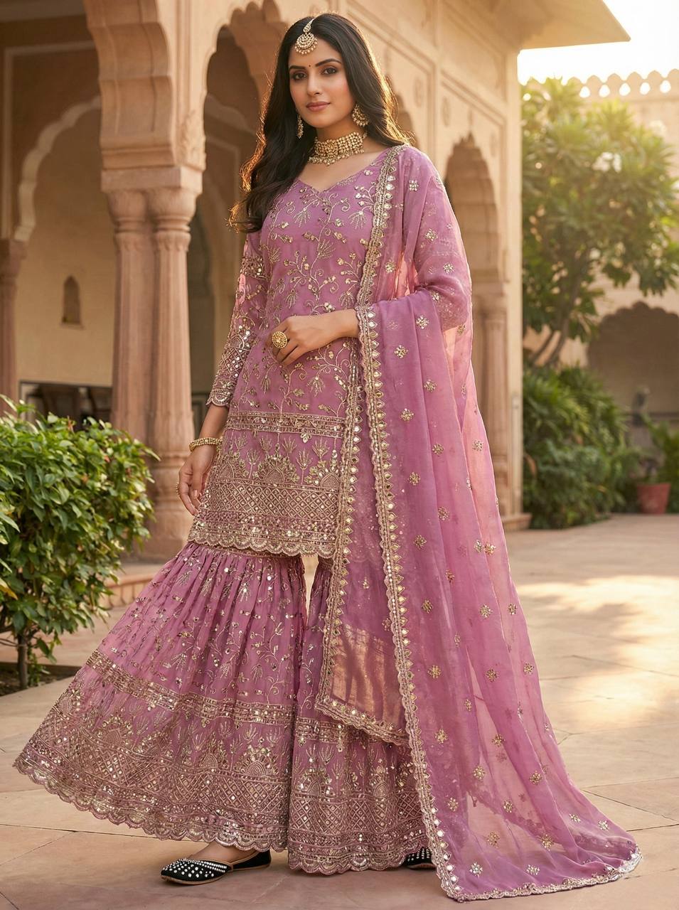 Designer Fancy Crushi Silk Sequin Embroidered Top Sharara Palazzo & Dupatta Set