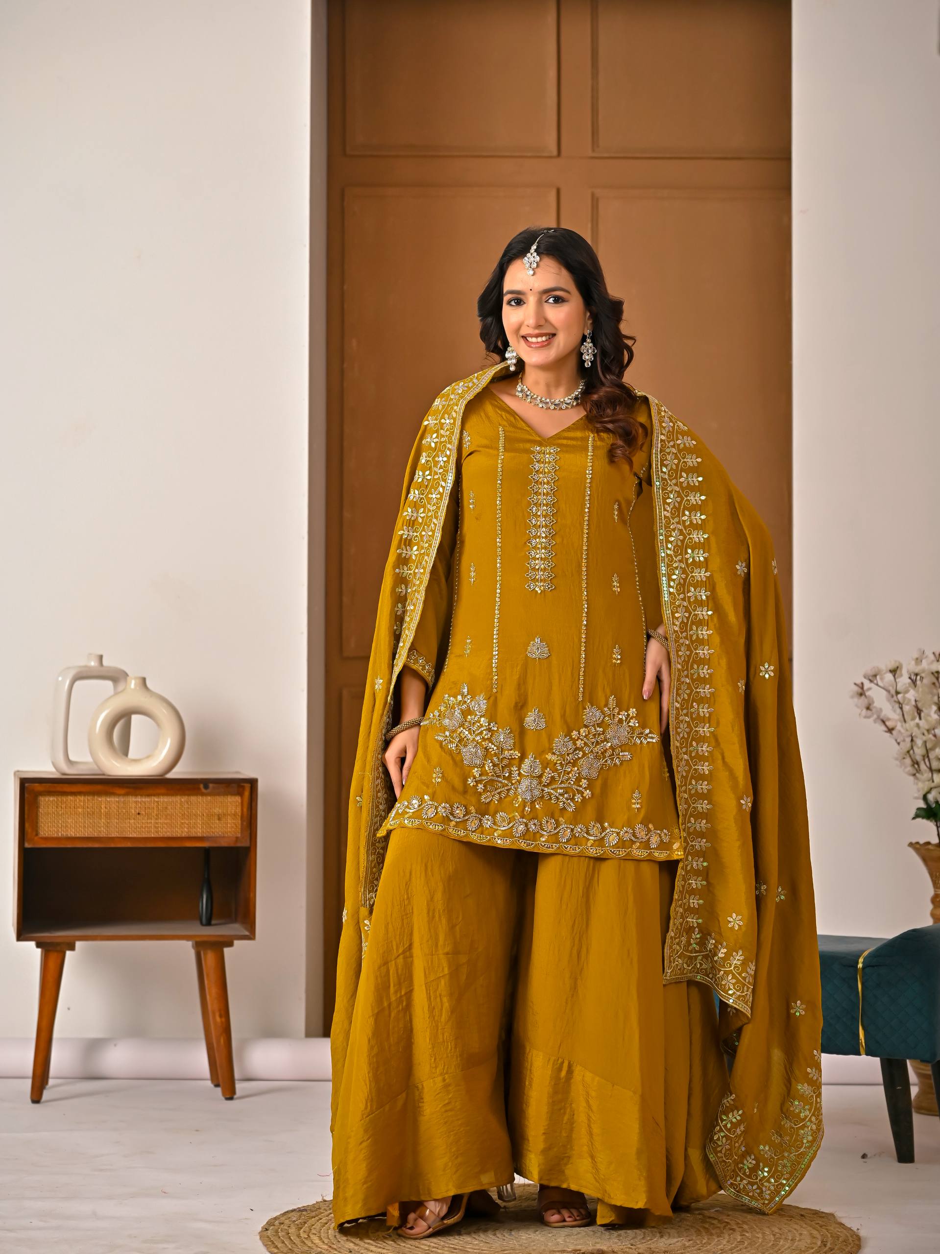 Designer Party Wear Top, Sharara Palazzo & Dupatta in NC Vichitra with Hand Work | ND-5064