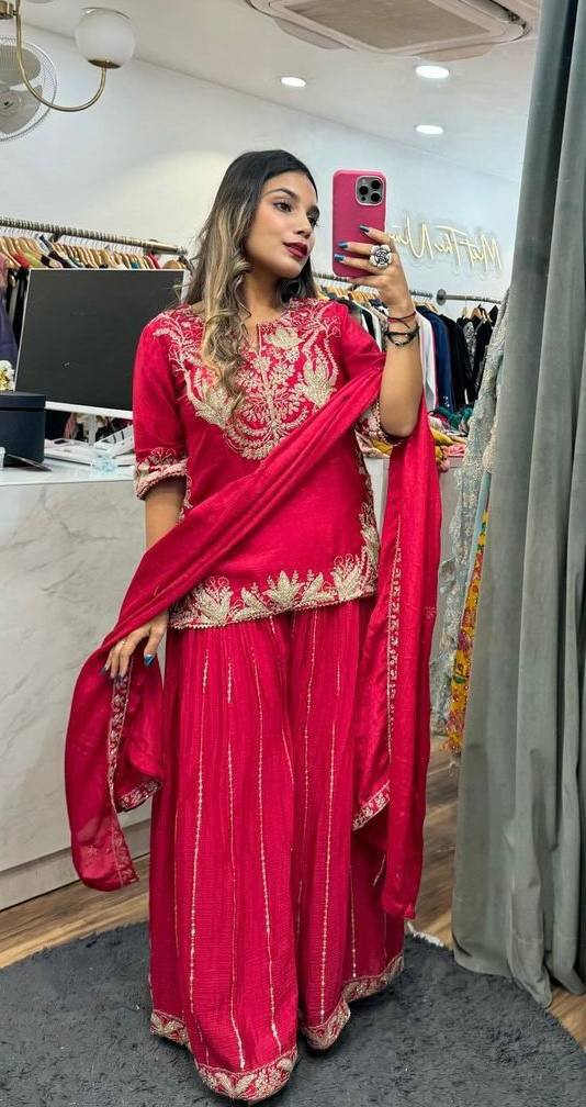 Designer Sharara Set in Pure Heavy Chinon Silk with Embroidery Coding Sequence & Full Embroidery Sleeve