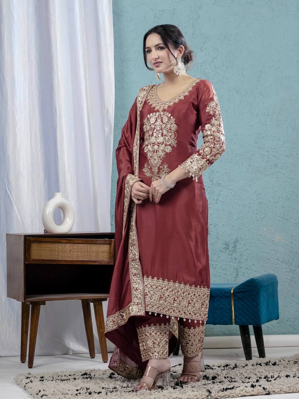 Designer Top, Pant & Dupatta in Pure Heavy Chinon Silk with Embroidery Coding Sequence Work