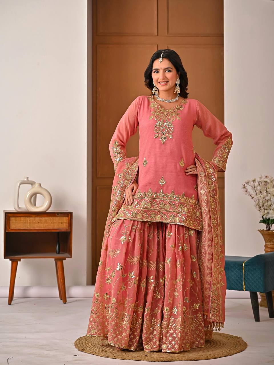 Designer Party Wear Top, Sharara Palazzo & Dupatta in Heavy Crunchy Silk with Sequence Embroidery | 5060