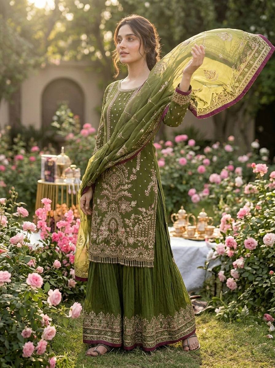 Mehendi Green Georgette Sequin & Moti Palazzo Suit — Festive Wear