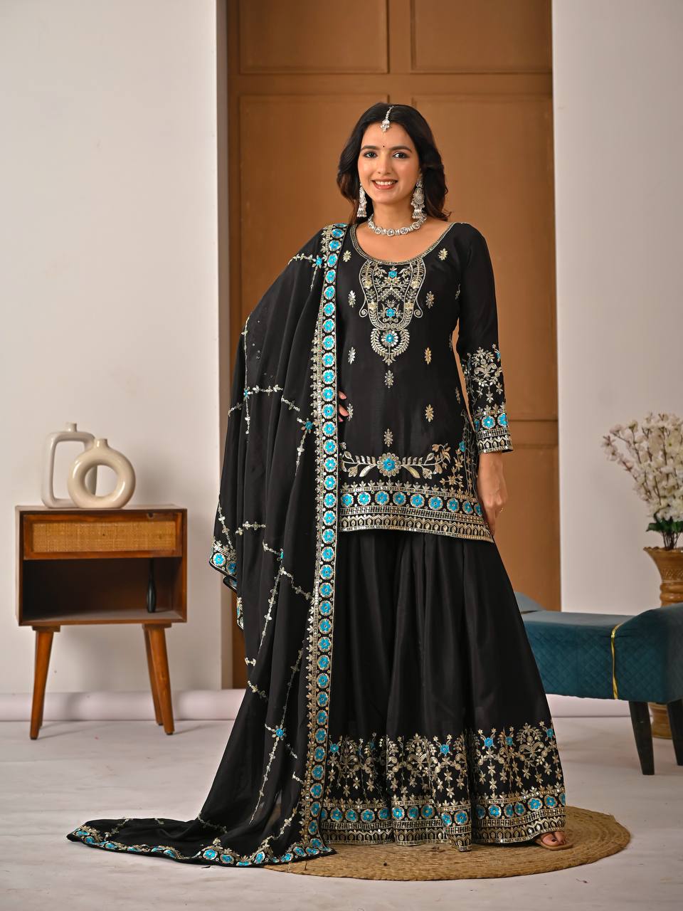 Designer Party Wear Top, Sharara Palazzo & Dupatta in Heavy NC Vichitra Silk with Sequence Embroidery