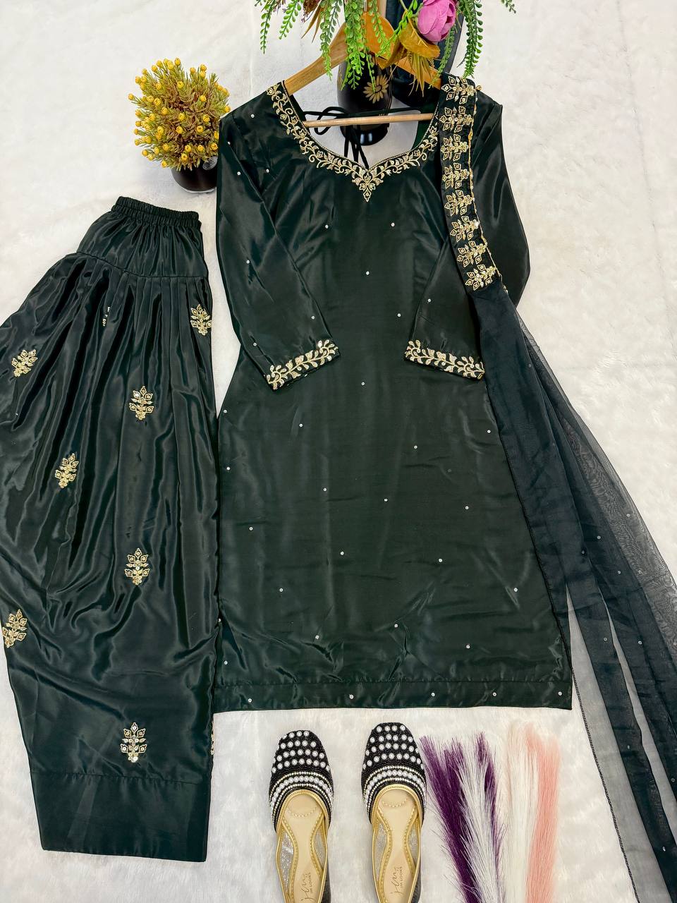 Designer Natural Crepe Silk Diamond Hand Work & Sequin Embroidered Top Farshi Salwar & Organza Dupatta Set