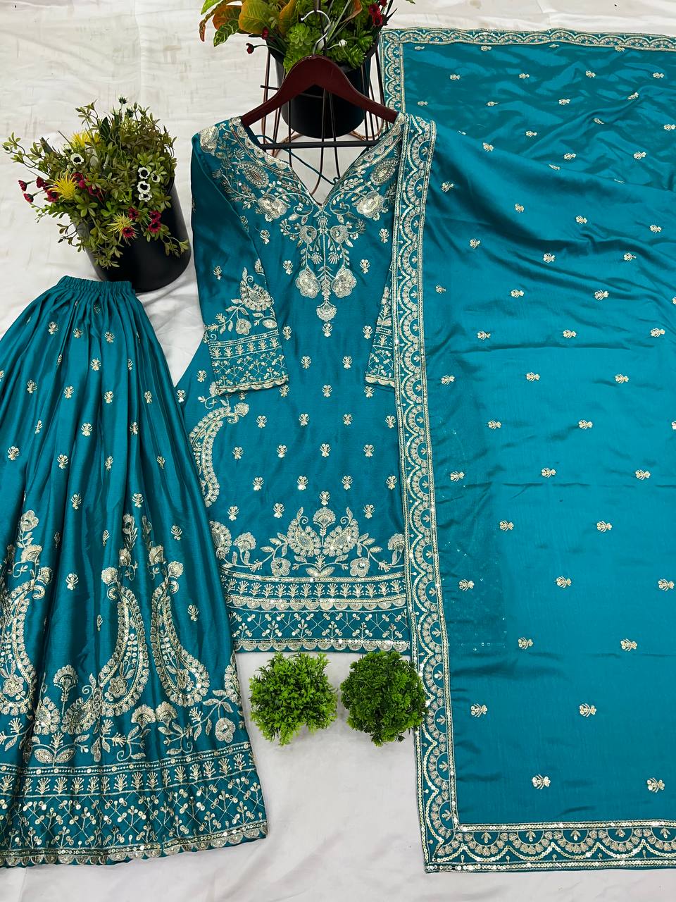 Chinon Silk Sequin Embroidered Sharara Suit with Dupatta