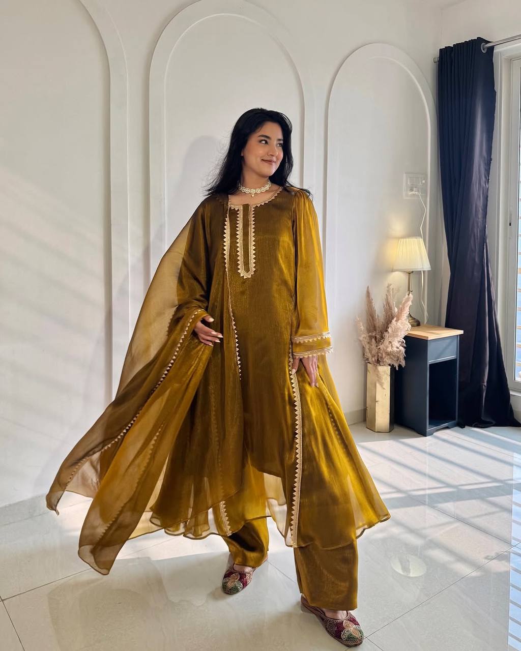 Designer Party Wear Chiffon Burberry Silk Anarkali Gown with Pant Palazzo and Dupatta | MC-2046