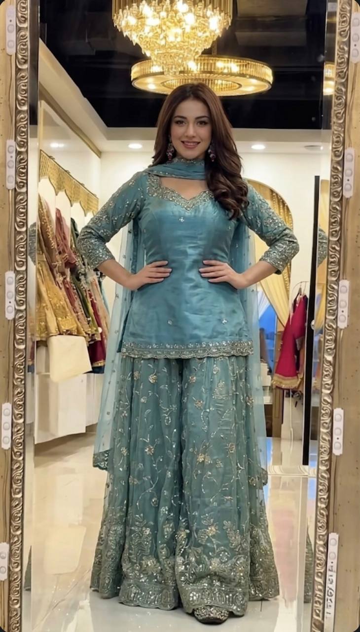 Designer Frendy Silk Sequin & Zari Embroidered Kali Cut Top Palazzo & Dupatta Set
