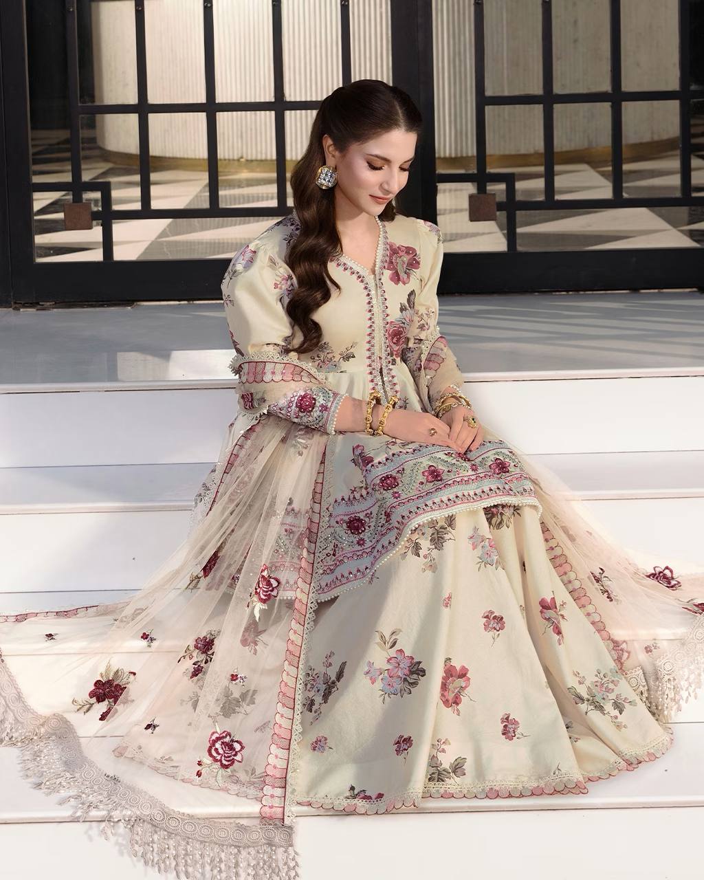Designer Crepe Silk Peplum Top Sharara Palazzo & Embroidered Net Dupatta Set