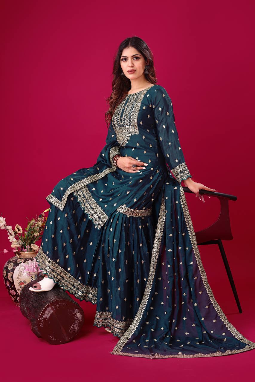 Peacock Blue Chinon Silk Gharara Suit with Zari & Sequin Work