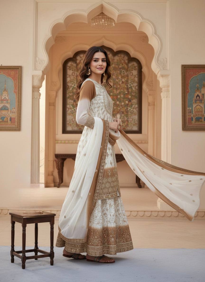 White and Brown Faux Georgette Embroidered Sequins Palazzo Suit Festive Wear