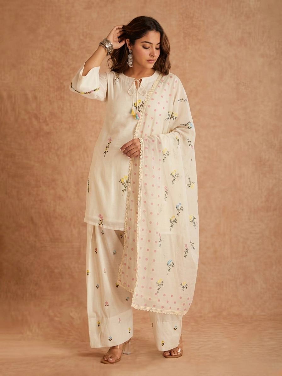 Designer Cotton Silk Multi Needle Embroidered Top Farshi Salwar & Organza Dupatta Set