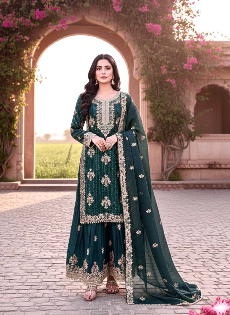 Silk Embroidered Stones Sequins Palazzo Suit Festive Wear
