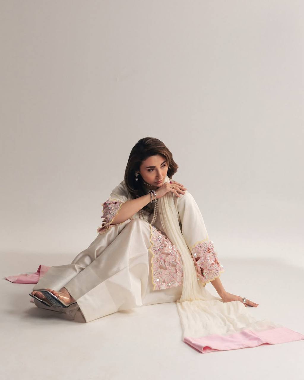 Designer Natural Crepe Silk Moti & Sequin Hand Work Top Farshi Salwar & Organza Dupatta Set