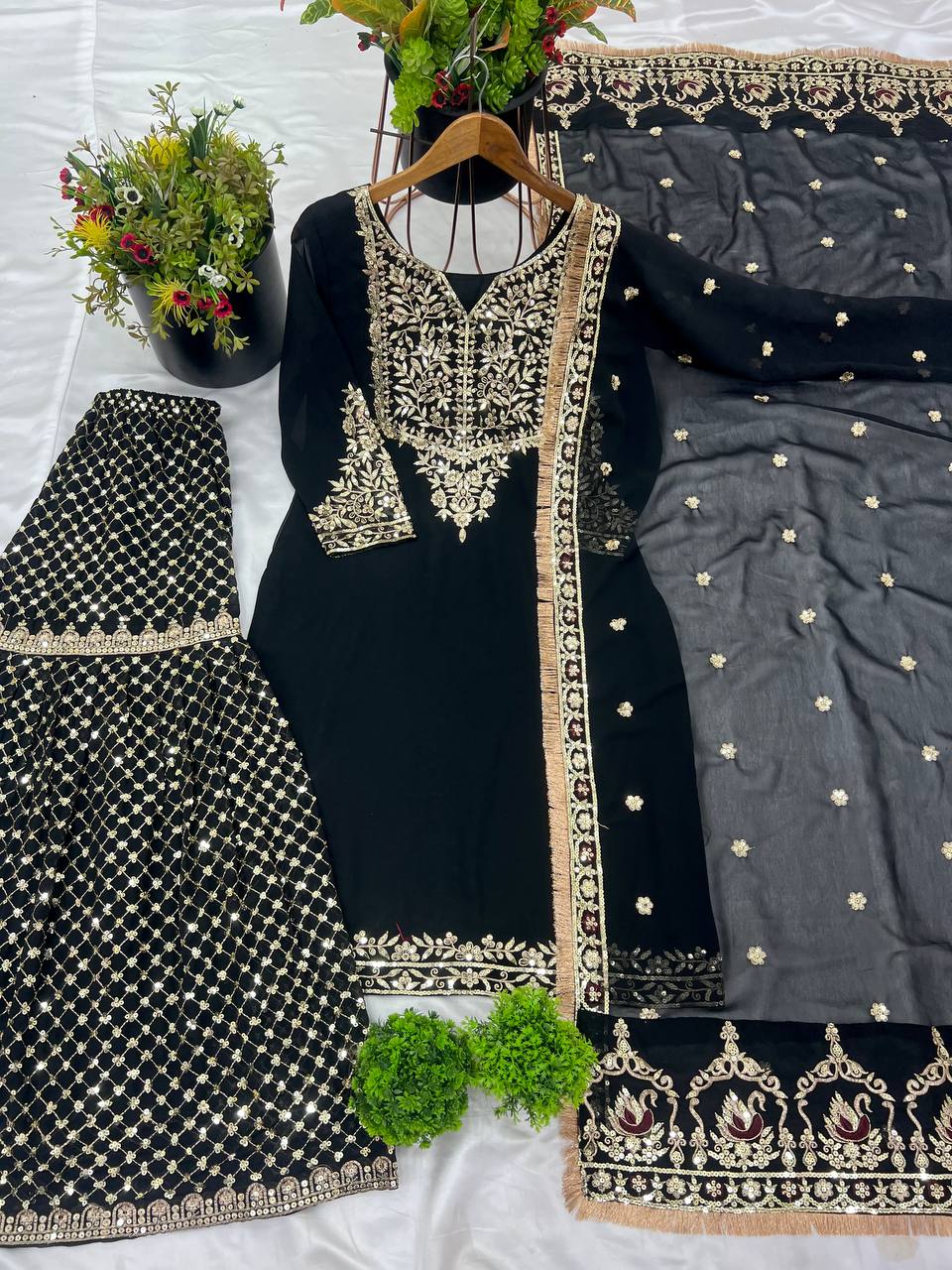 Faux Georgette Sequin Embroidered Sharara Dupatta Set — Festive Wear