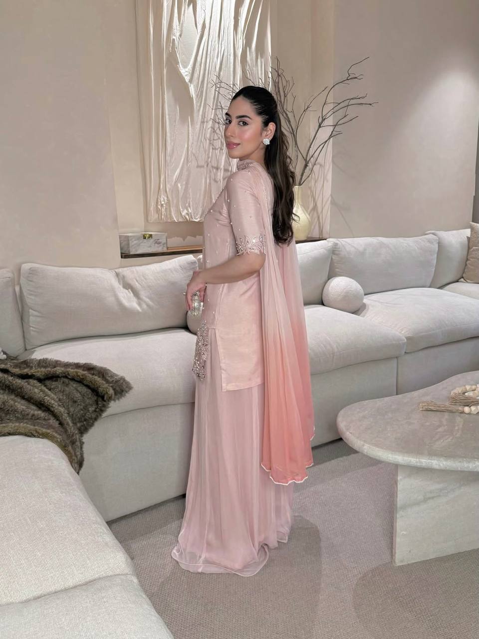 Designer Party Wear Roman Glass Silk Embroidered Top with Sharara Palazzo and Dupatta | MC-2047