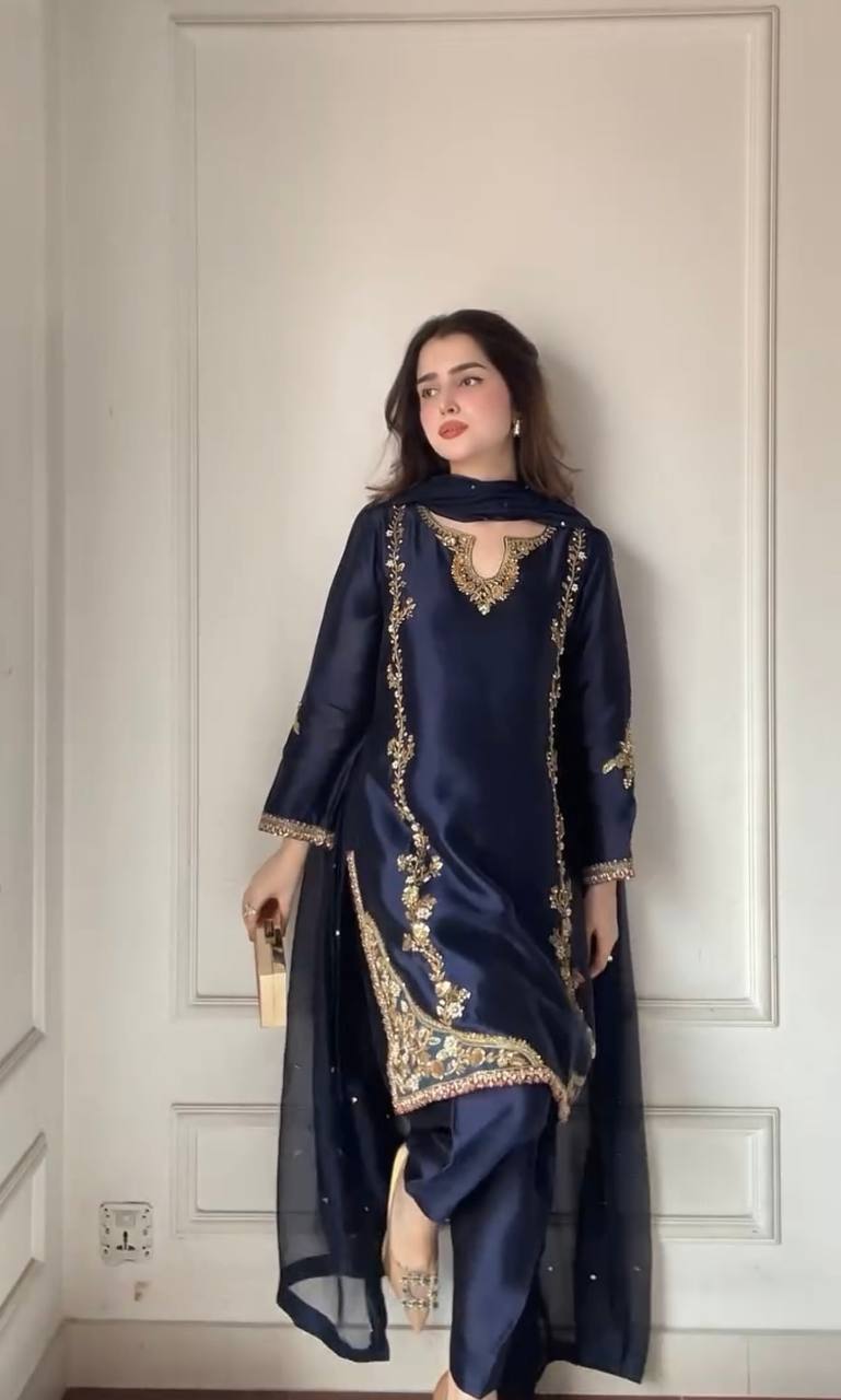 Designer Natural Crepe Silk Moti Full Hand Work Top Farshi Salwar & Organza Dupatta Set
