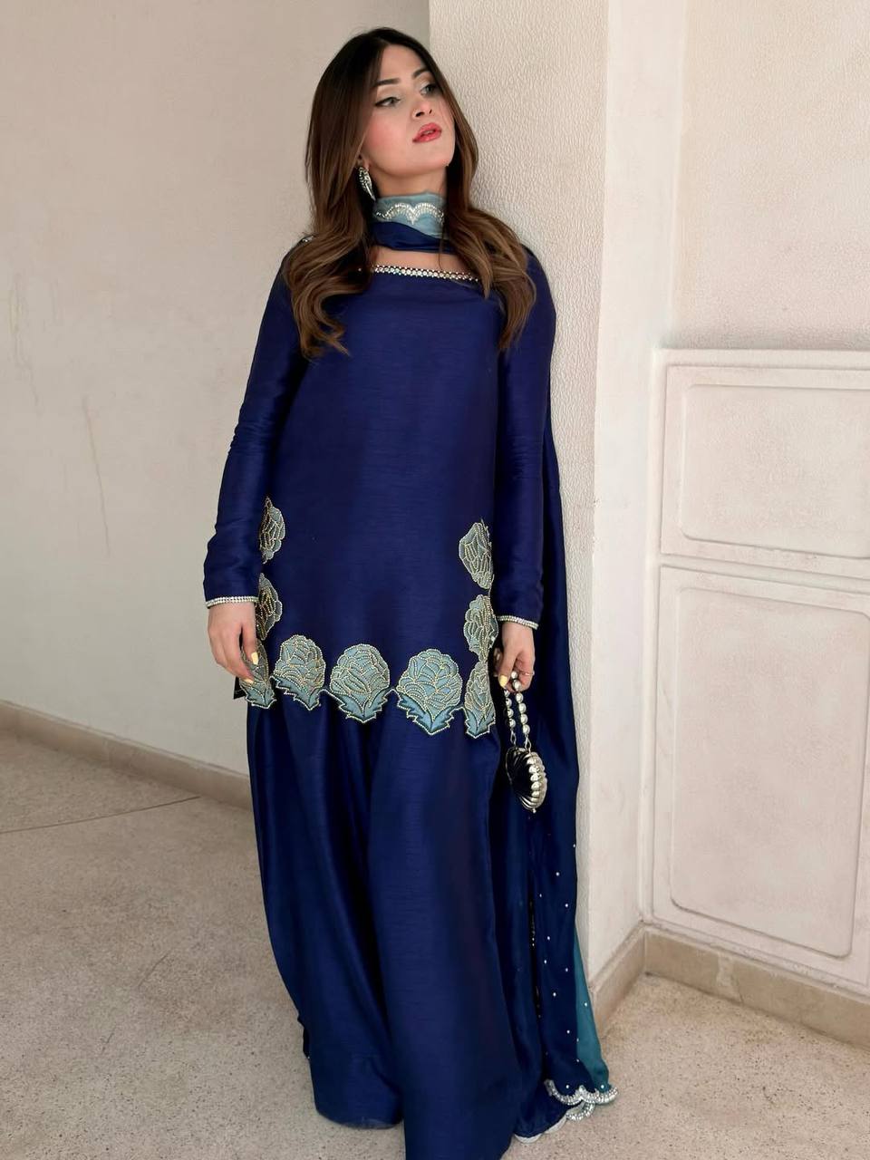 Designer Natural Crepe Silk Diamond Sequin Embroidered Top Farshi Salwar & Chiffon Dupatta Set