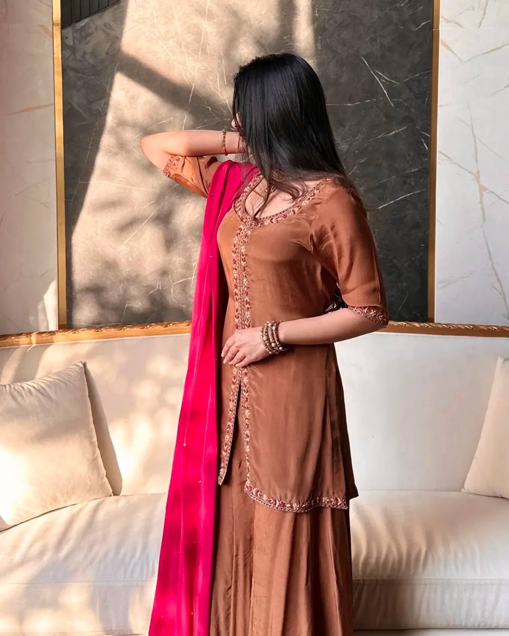 Designer Natural Crepe Silk Multi Needle Sequin Top Kali Cut Flair Palazzo & Stone Work Dupatta Set