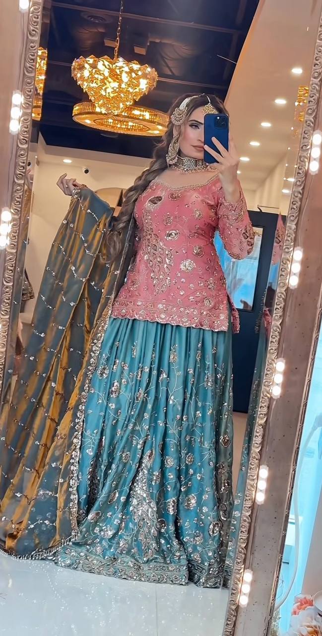 Designer Party Wear Fandy Crushi Silk Sequin Embroidered Top with Sharara Palazzo and Dupatta
