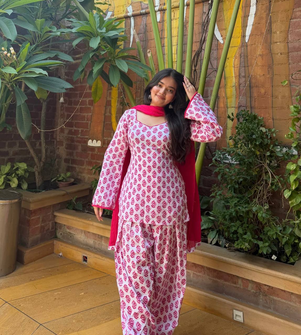 Designer Party Wear Cameric Cotton Fancy Sleeve Top with Farshi Pant and Dupatta