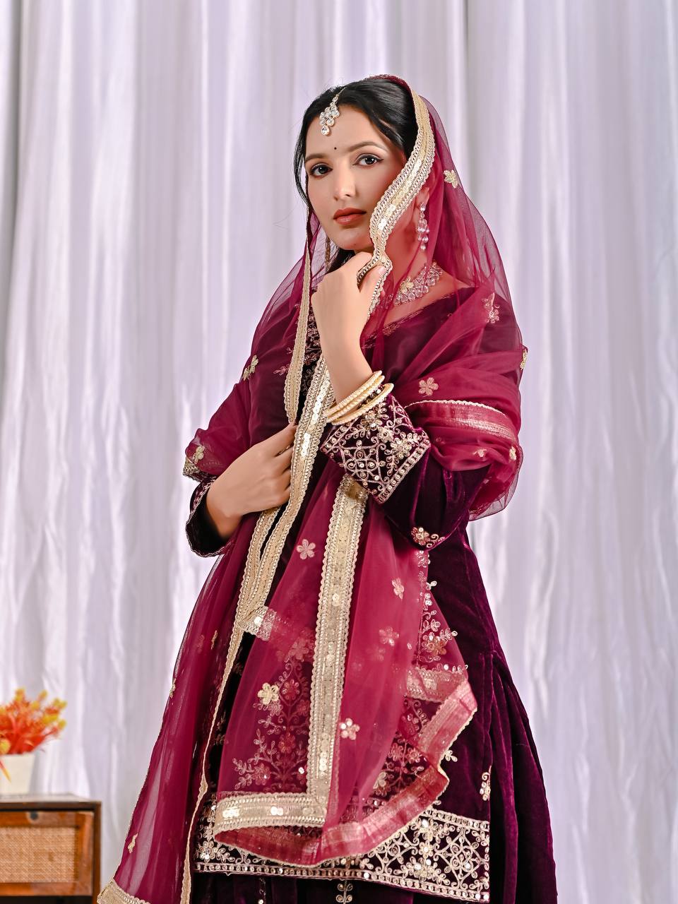 Designer Party Wear Top, Sharara Palazzo & Dupatta in Pure Heavy Viscous Velvet with Multi Needle Sequence