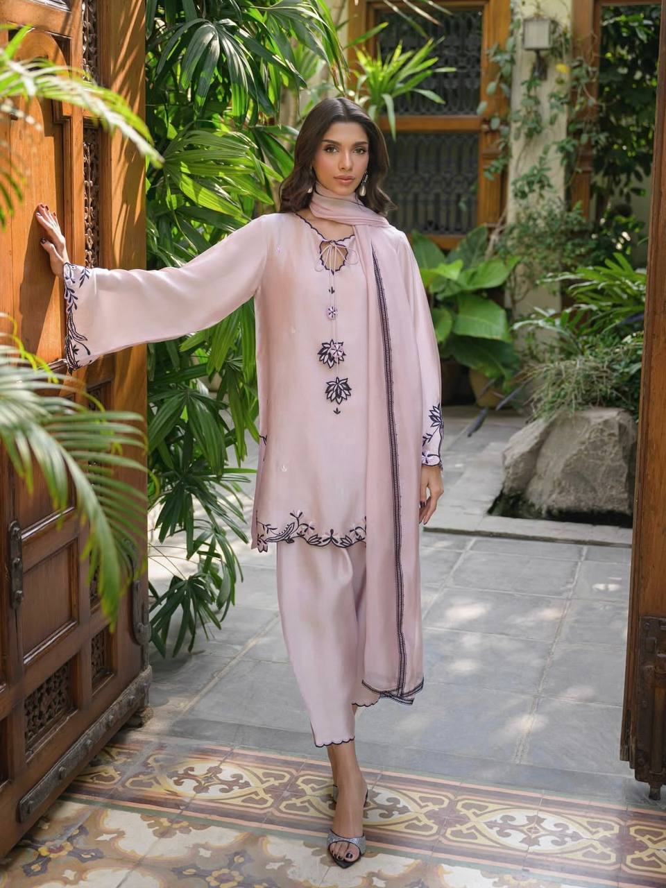 Designer Natural Crepe Silk Fancy Sleeve Embroidered Top Farshi Pant & Georgette Dupatta Set