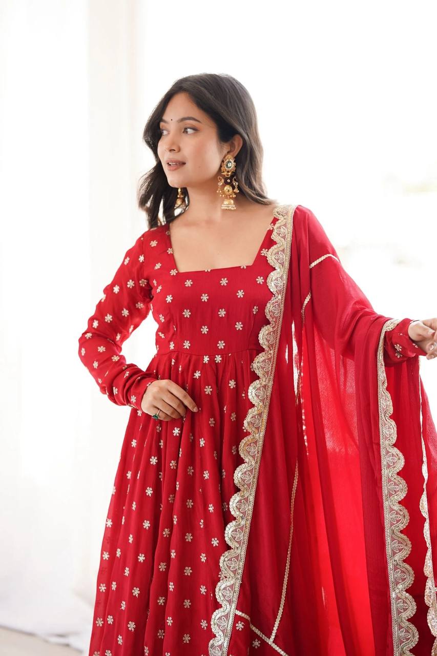 Designer Chinon Silk Anarkali Gown with Pant and Dupatta