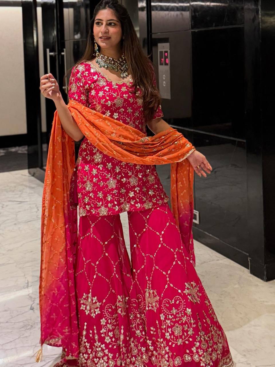 Georgette Sequin Embroidered Sharara Suit — Indian & Pakistani Party Wear