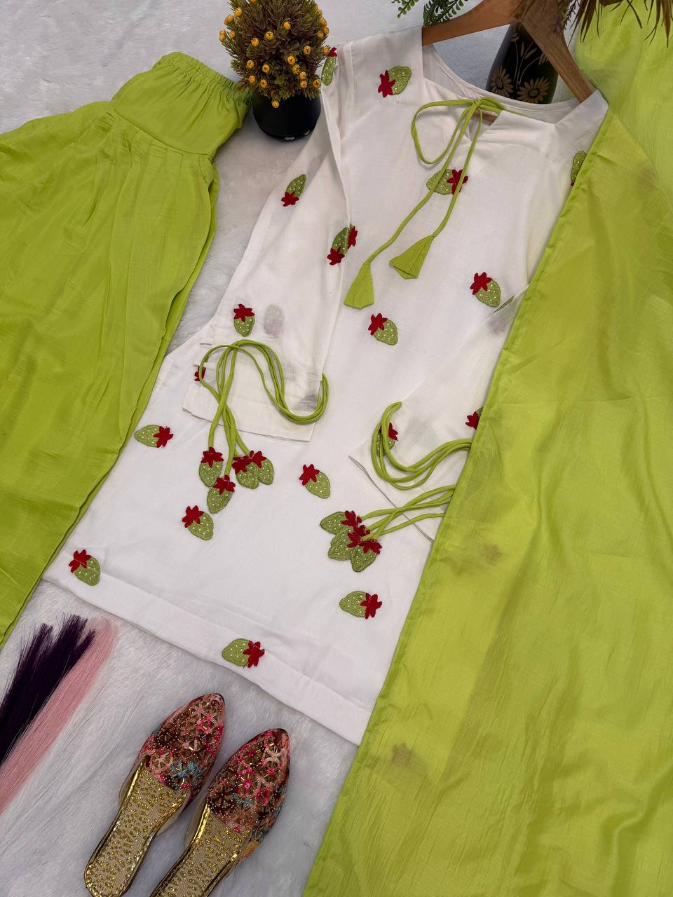 Designer Party Wear Cameric Cotton Embroidered Top with Farshi Pant and Dupatta | MC-2048