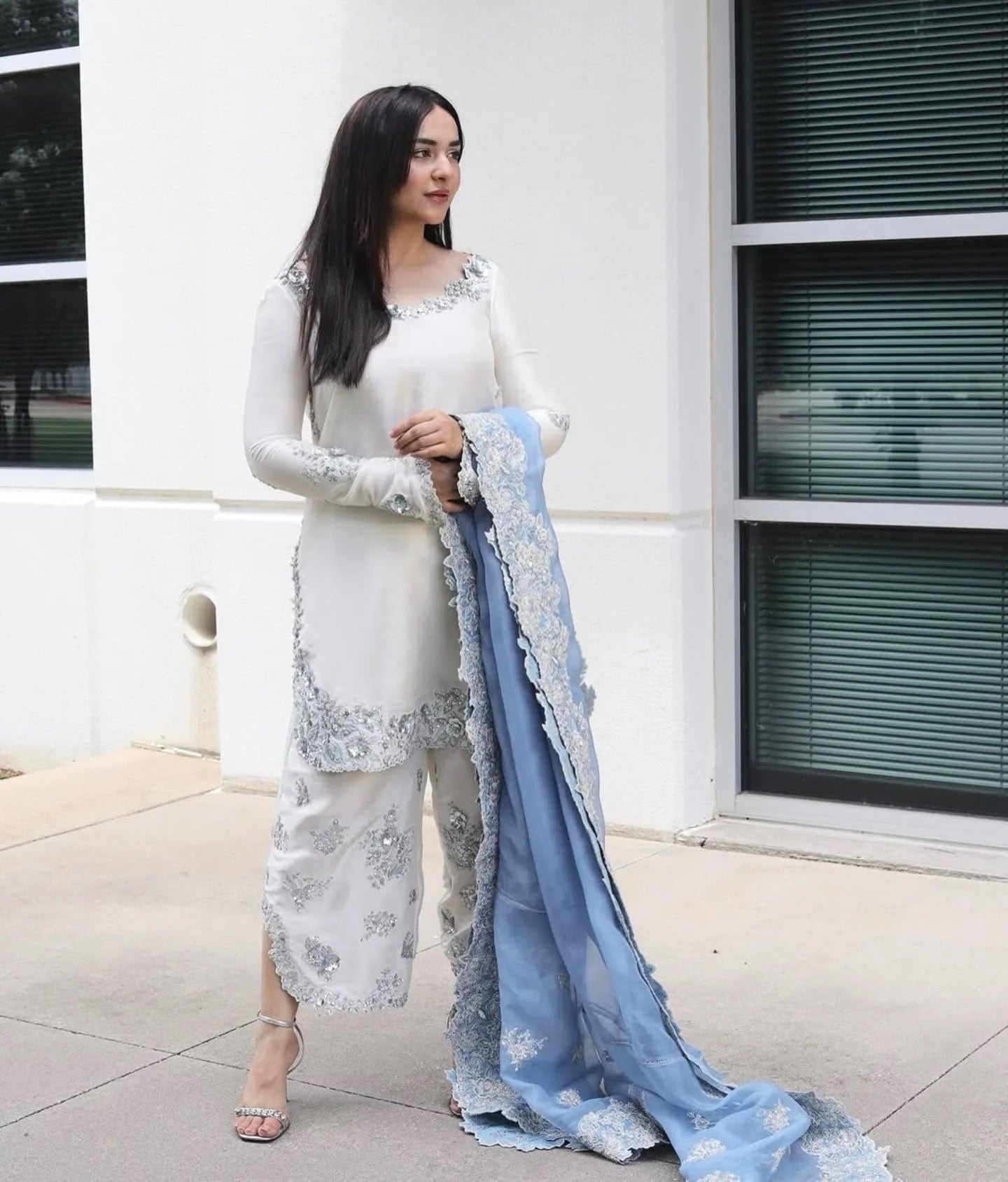 White Roman Glass Sequins Palazzo Suit