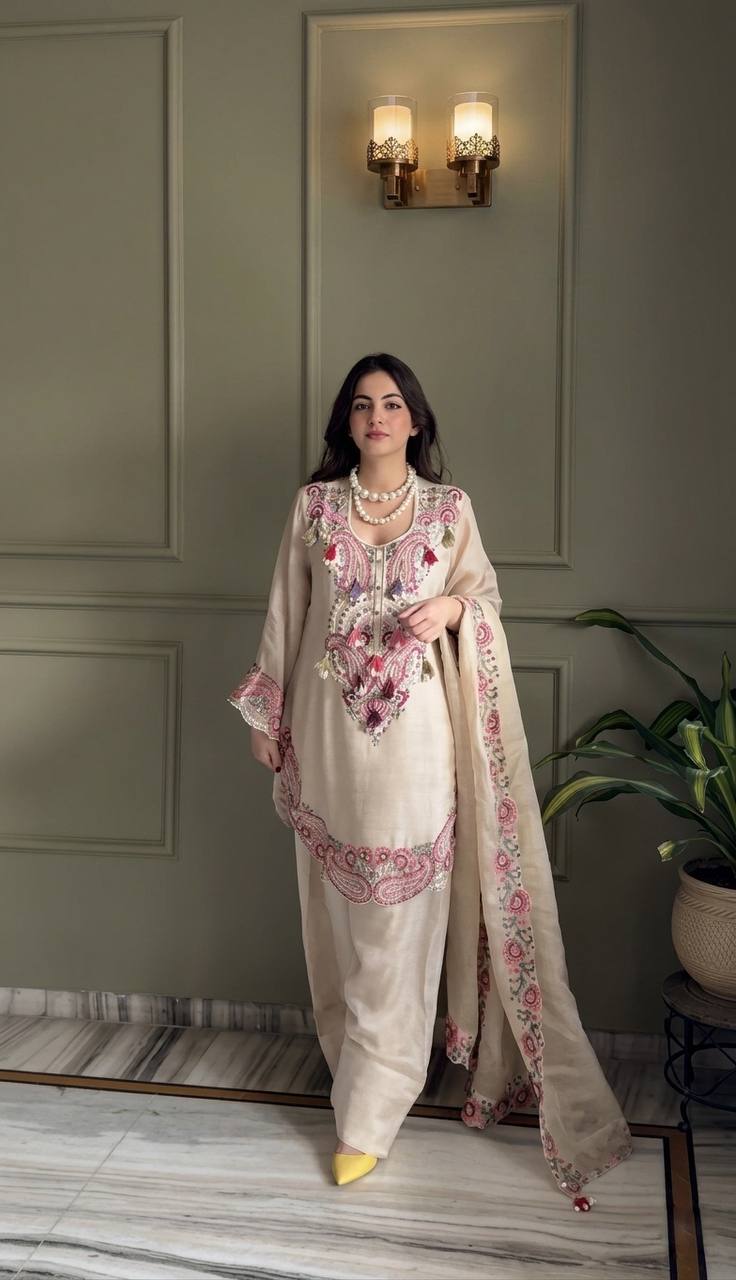 Designer Pure Heavy Georgette Embroidery Thread Work Top Farshi & Dupatta Set