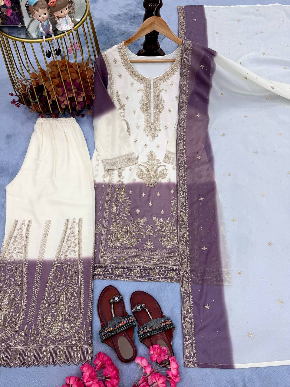 Designer Dual Tone Star Georgette Top Palazzo & Dupatta Set