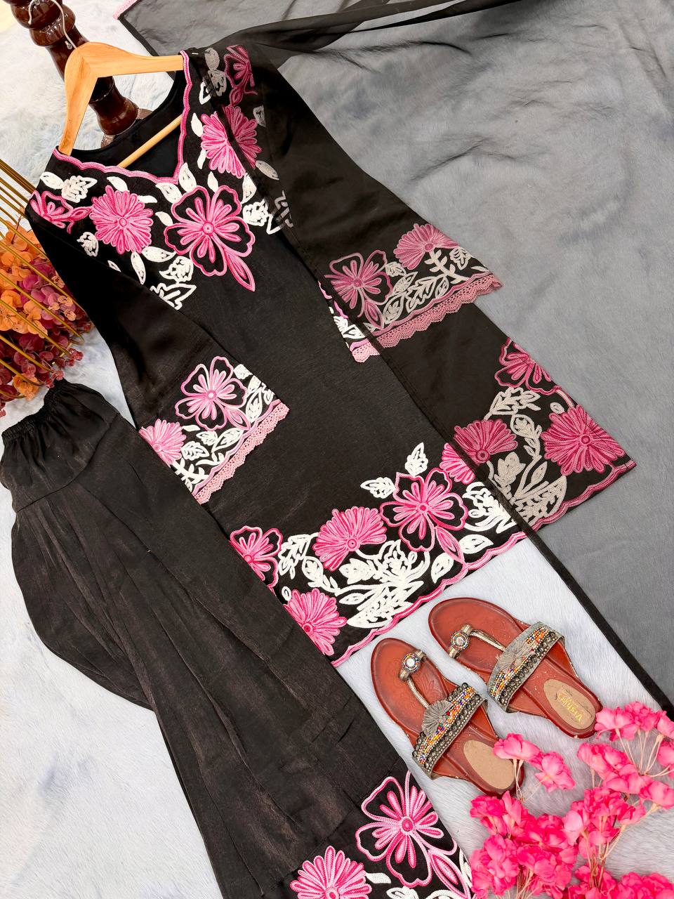 Silk Embroidered Sequins Straight Pant Suit Festive Wear