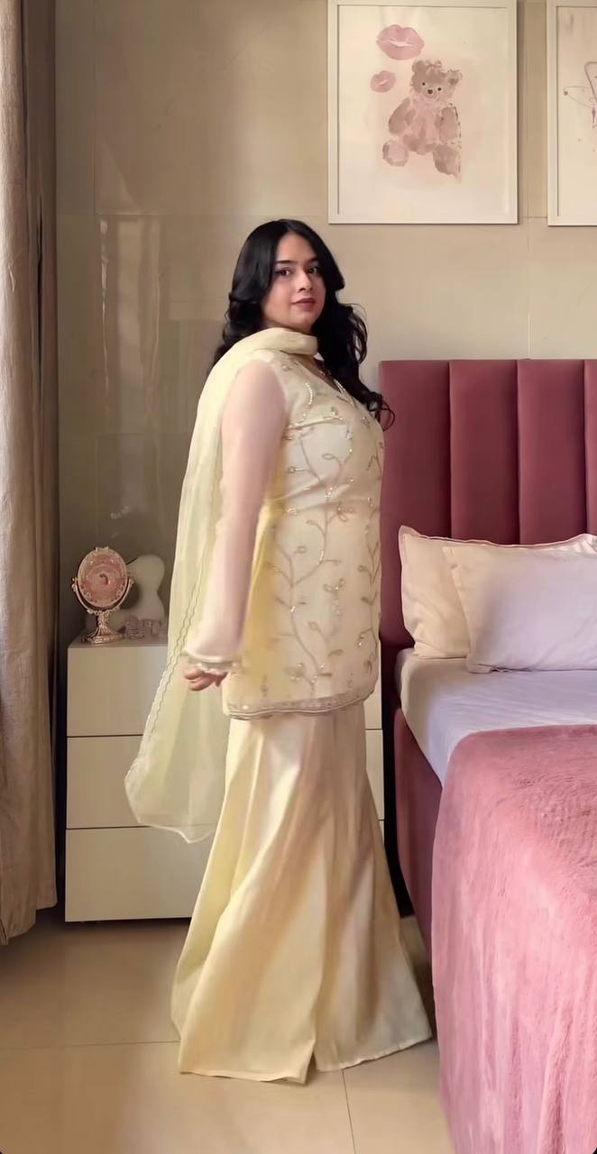 Designer Party Wear Crunchy Georgette Silk Embroidered Top with Sharara Palazzo and Dupatta