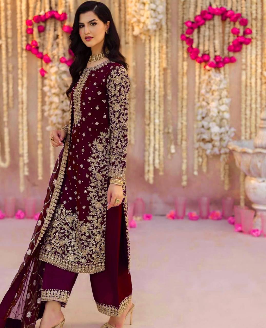 Maroon Faux Georgette Embroidery Salwar Suit