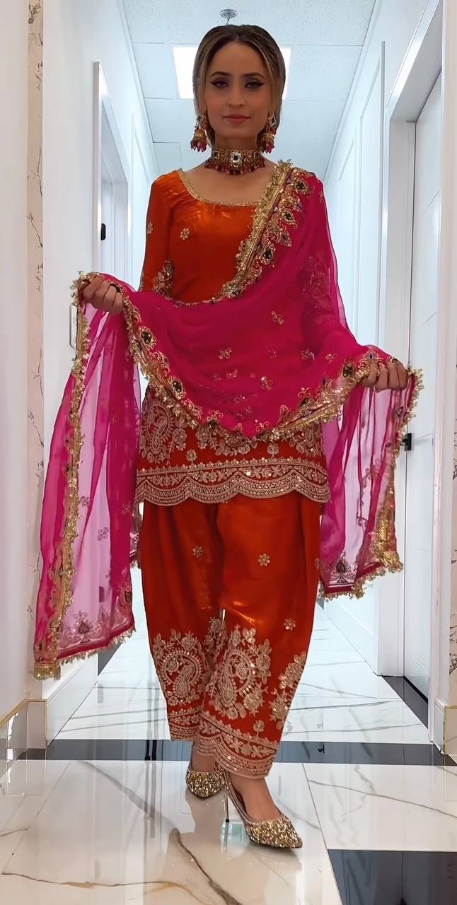 Designer Fancy Crushi Silk Thread & Sequin Embroidered Top Farshi Salwar & Faux Georgette Dupatta Set