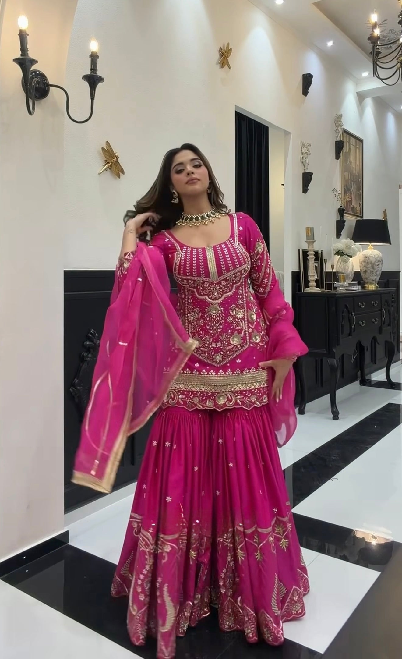 Designer Heavy Sindoor Silk 3mm Sequin Embroidered Top Sharara Palazzo & Dupatta Set