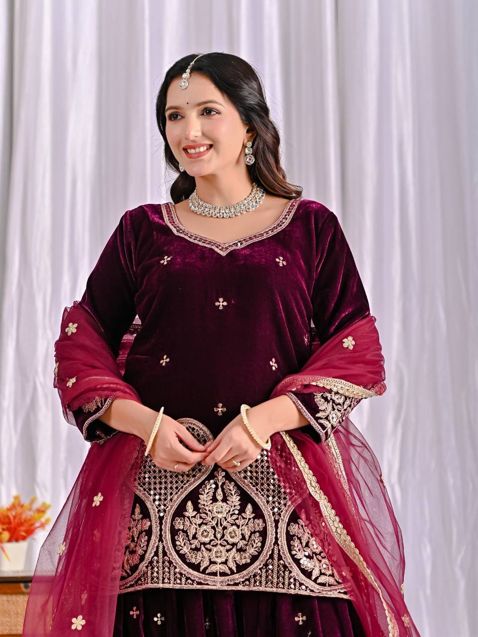 Designer Party Wear Top, Sharara Palazzo & Dupatta in Pure Heavy Viscous Velvet with Multi Needle Sequence