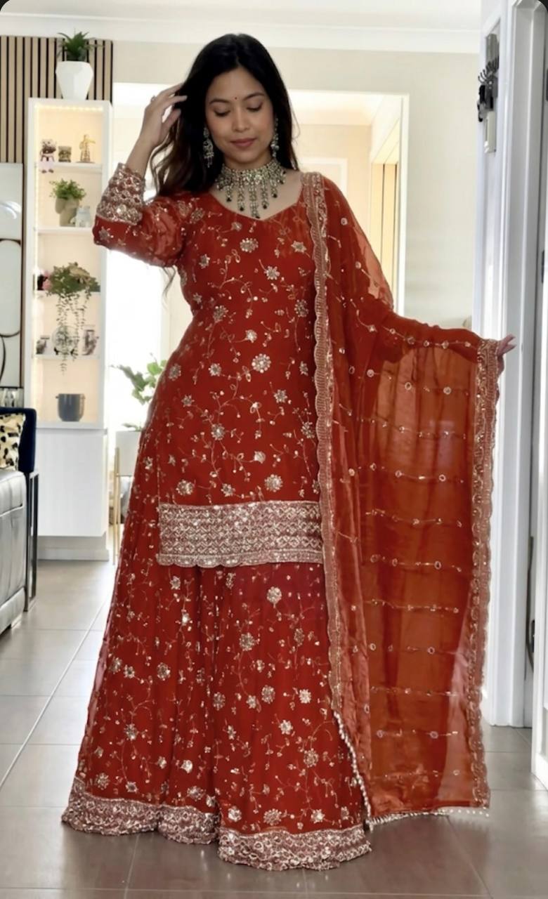 Designer Frendy Silk Thread & Sequin Zari Work Top Palazzo & Dupatta Set