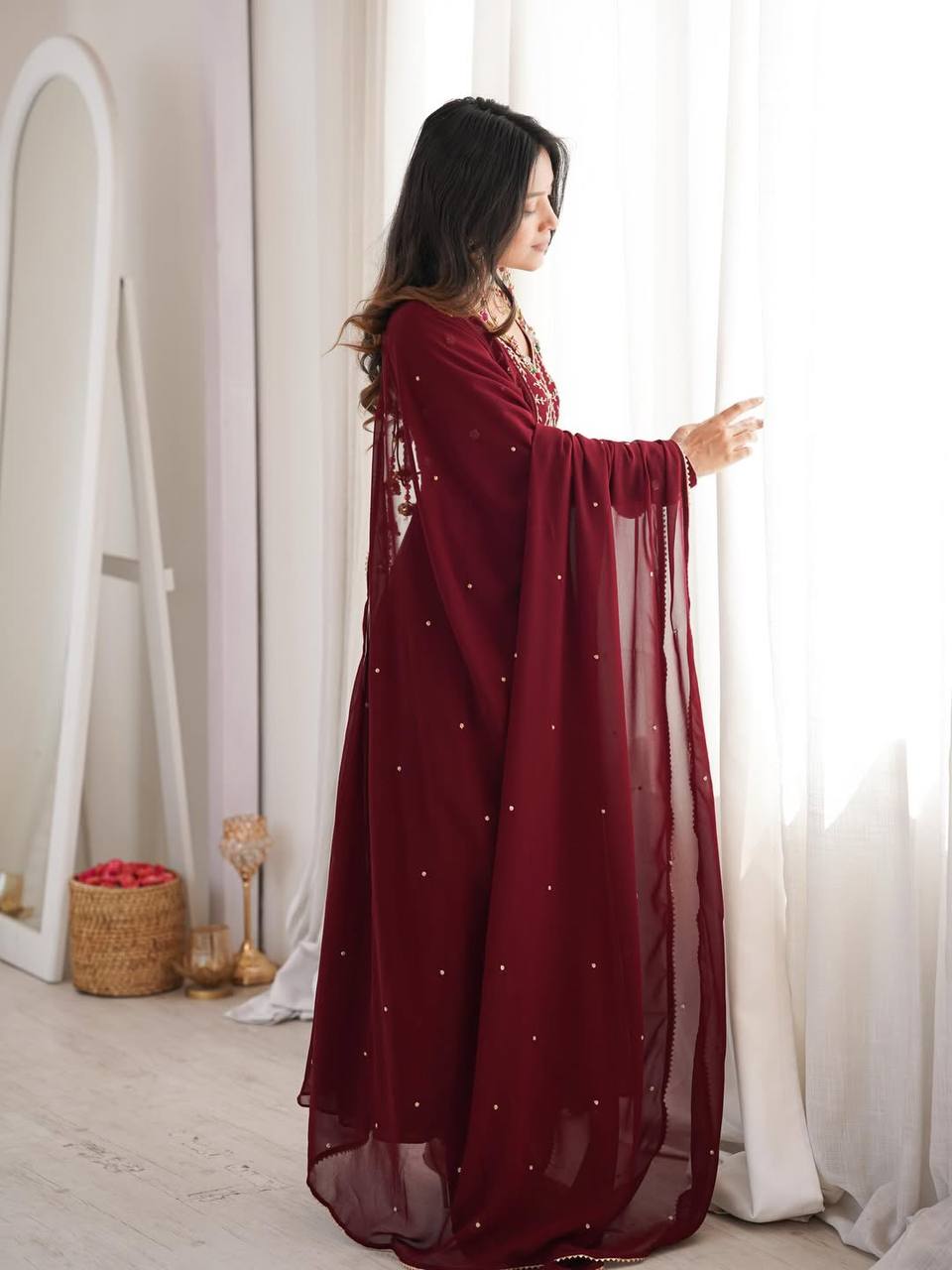 Designer Heavy Faux Georgette Bead Hand Work Gown Anarkali Suit with Pant & Dupatta