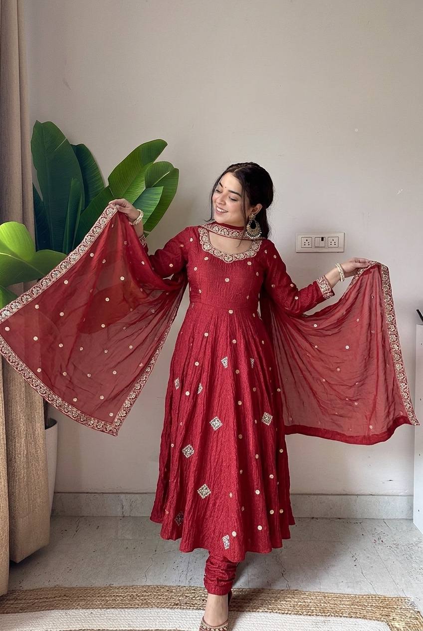 Designer Gown with Pant & Dupatta in Crunchy Silk with Embroidery Sequence Work & Full Flair | SRK-5351