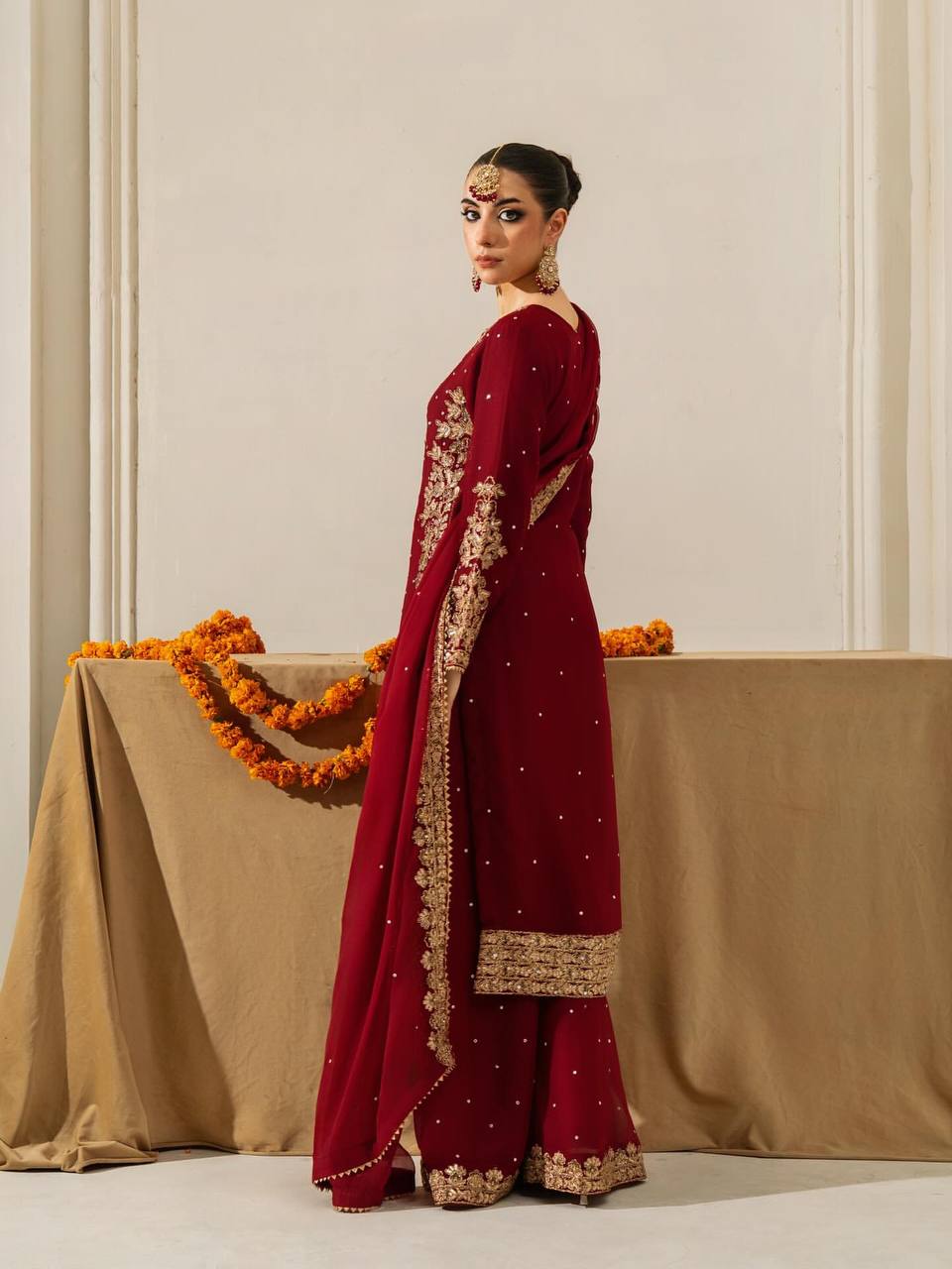 Maroon Georgette Coding Sequence Salwar Suit with Moti Work